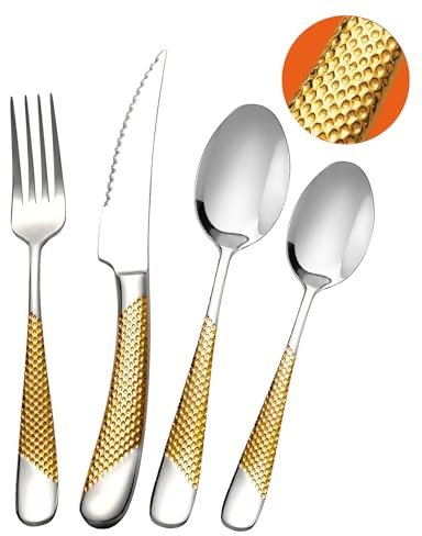 SHEUMNT Set posate moderne 24 pezzi, coltelli seghettati 2 in 1, acciaio inox 18/10, servizio per 6 persone