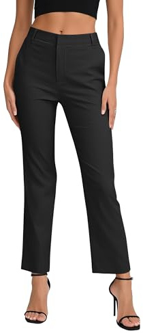 EXCHIC Donne Business Casual Elastica Vita Gamba Dritta Pantaloni con Tasche(L, Nero)