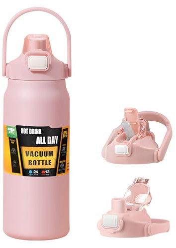 Isolierte Wasserflasche mit Strohhalm und auslaufsicherem Deckel, BPA-freier Edelstahl, breite Öffnung, Sport-Trinkflasche mit tragbarem Griff, doppelwandig, Vakuum hält kalt und heiß (Rosa)