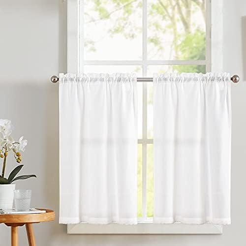 Vangao Scheibengardinen Modern Küche Weiß Leinenoptik Bistrogardine 2er Set 65Bx75Hcm mit Stangendurchzug Küchengardinen für Wohnwagen Landhausstil Fenster Gardinen Kurz Lichtdurchlässig Weiss