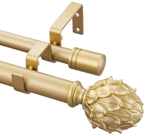 Gold Double Curtain Rod 66 to 120 Inches, 6/8 Inch +1 Inch Telescoping Heavy Duty Drapery Rod with Classic Finials,Window Treatment Curtain Rod Set