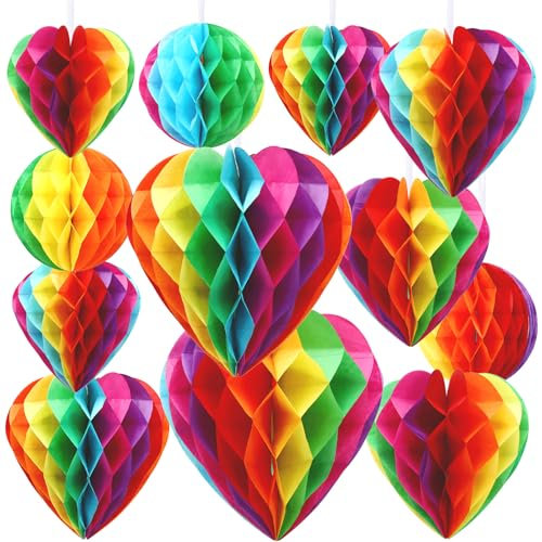 BOARDFEB 12 Pcs Rainbow Pride Heart Round Paper Honeycomb Balls Pride Decorations, Heart Sshaped Honeycomb Ball Pendant Suitable for LGBT Parade Parties Celebrations Birthday Wedding Decorations