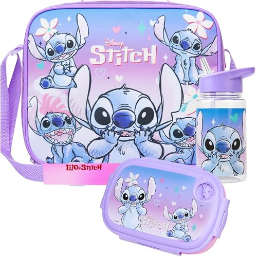 Get Trend Disney Stitch Water Bottle Lunch Bag and Lunch Box Kids Set 3 Pcs School Supplies Snack Box BPA Free Leakproof for Travel Picnic Holiday (Multi Stitch)
