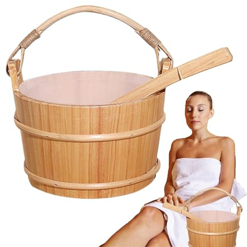Zunishaone Sauna Eimer aus Holz, Set aus Holz für Sauna, tragbares Zubehör-Set mit langem Griff, handgefertigt, für Männer und Frauen zu Hause