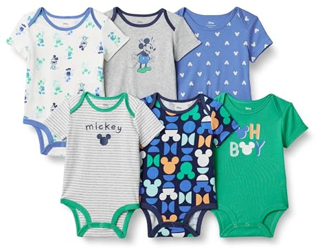 Amazon Essentials Disney | Marvel | Star Wars Unisex Babies' Short-Sleeve Bodysuits, Baby Vests, Pack of 6, Mickey Oh Boy, 6-9 Months