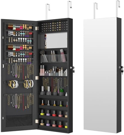 YRHome Armadietto per gioielli 2 in 1 da appendere a specchio con serratura e organizer per gioielli con 2 specchi per trucco, per porta e parete, 2 specchi, rettangolare (nero)