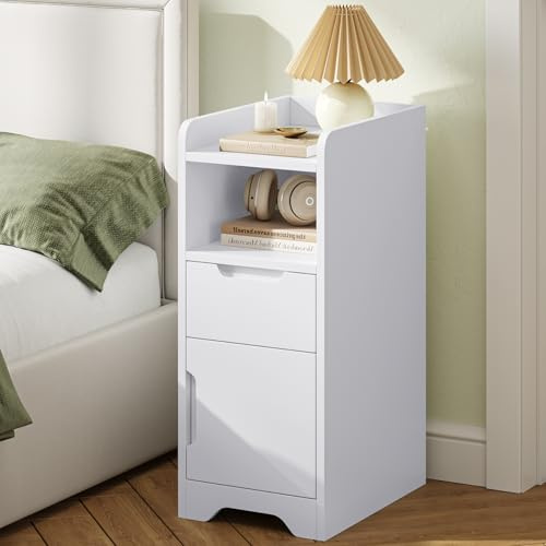 Brinlawb Nachttisch Schmal, Nachtschrank mit 1 offenen Fach, 1 Schublade und 1 Schrank mit Tür, Beistelltisch Schmal Sofatisch Nightstand für Wohnzimmer, Schlafzimmer, Perfekt für kleine Ecke, Weiß