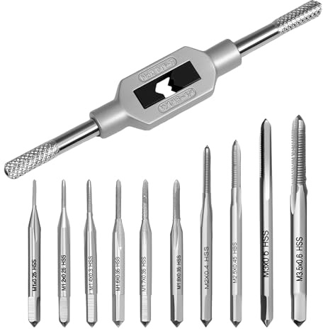 Auniwaig Micro Taps Bit 10pcs Small Hand Screw Thread Taps M1-M3.5 HSS Mini Metric Plug Tap Screw Tap Drill Tap Drill Set Tapping Tool with Adjustable Tap Wrench 1/16-1/4''