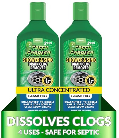 Green Gobbler Ultra Concentrated Drain Clog Remover & Cleaner | Powerful Hair, Grease & Soap Dissolver for Bathroom, Kitchen, Shower, Sink & Toilet | Safe for Pipes & Septic Systems | 2 Pack
