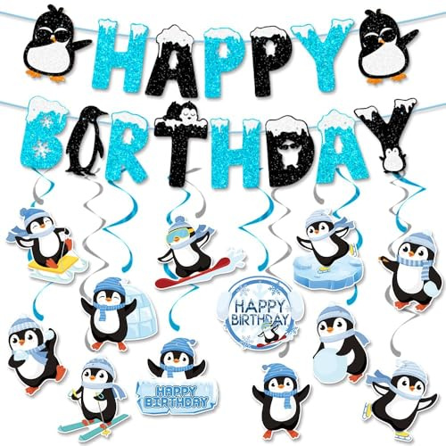 Decoraciones de cumpleaños de pingüinos banderines de cumpleaños infantiles decoraciones de cumpleaños de invierno decoraciones colgantes en espiral guirnaldas de cumpleaños decoraciones de fiesta