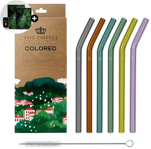 The Empire Products® [+ EBOOK] Wiederverwendbare Premium Glas Strohhalme inkl. Reinigungsbürste - Glas Trinkhalme bunt gerade 6 Stück Set - 23cm lang - 8mm Durchmesser (23cm gebogen)