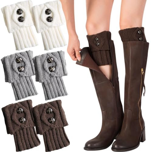 Mount Kumgang 3 Paar Stulpen Damen Gestrickte Beinwärmer, Gestrickte Beinwärmer Warme, Slouch Button Design, kurze Knöchelwärmer, für Frauen Damen - Weiß, Kaffee, Grau