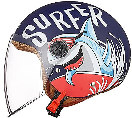 Kinder Motorradhelm Roller Helm jethelm mit Sonnenblende, Mädchen Rollerhelm Junge Mofa Helm, Schnellverschluss Tasche, 48-55cm, für 5 Jahre - 12 Jahre Kid,Blau