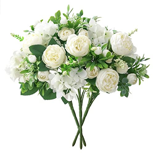 VINFUTUR 3 Bündel Kunstblumen Künstliche Pfingstrosen Hortensie Blumenstrauß Künstliche Blumen Seidenblumen für Hochzeit Brautstrauß Home Blumenarrangements Tischdeko