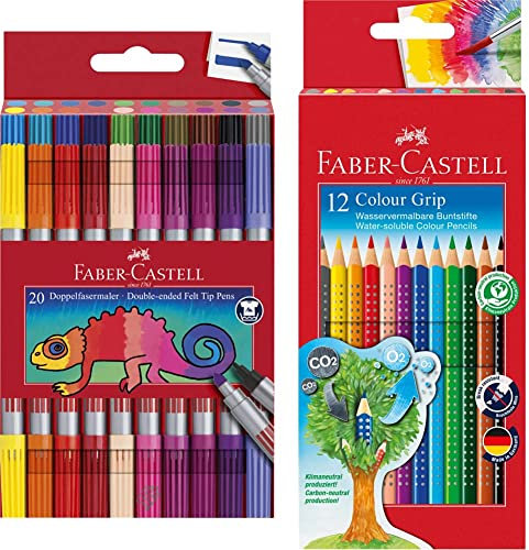 Faber-Castell 151119 - Doppelfasermaler 20er Etui, 1 Stück & 112412 - Buntstifte Colour Grip, 12er Kartonetui
