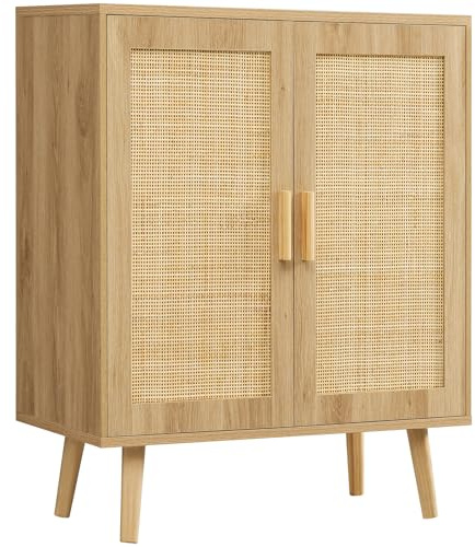 Iwell Storage Cabinet with 2 Shelves, Rattan Cabinet with 2 Doors, Sideboard Buffet Cabinets with Storage for Living Room, Dining Room, Entryway, Natural