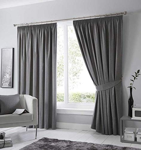 RAYYAN LINEN Pencil Pleat Blackout Curtains Pair with Free Tiebacks, Tape Top Thermal Insulated Blackout Curtains (Charcoal Grey, Width 66 X Drop 72)