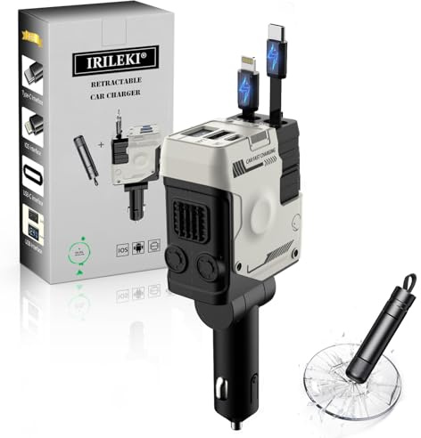 IRILEKI Cargador Coche Carga Rápida, 4 en 1 Cargador Mechero Coche USB+Retráctil Cable, Cargador Coche USB C Adaptador Compatible con iPhone 16/Galaxy/Google, con Martillo Emergencia Coche