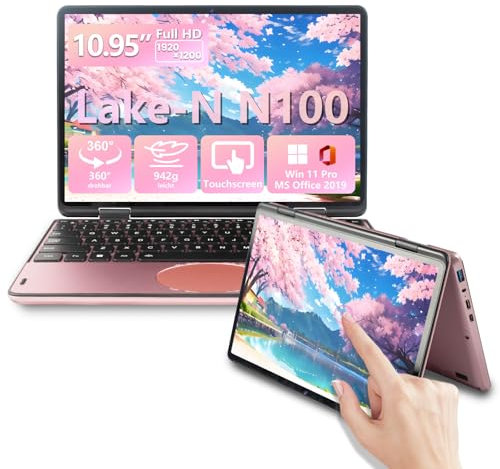 IUGNG 10,95 Zoll 2-in-1 Touchscreen-Laptop, Yoga 360° drehbarer N100 Laptop, 1920x1200 IPS, 16GB DDR4, 256GB SSD, Tastatur mit Hintergrundbeleuchtung(Rotgold, 256)