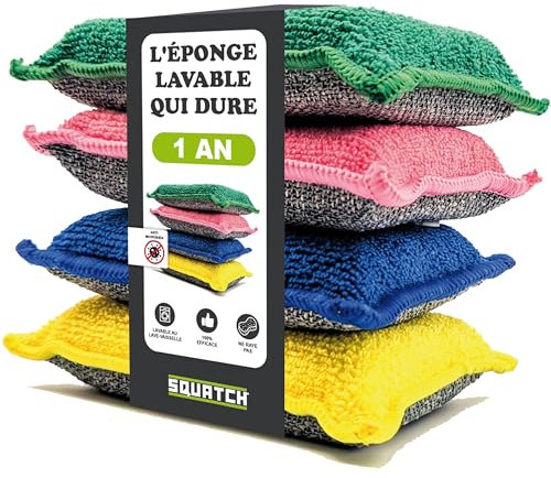 SQUATCH® | Lot de 4 Éponges Lavables et Durables | Pack Économique | Double Action : Côté Microfibre pour Essuyer et côté Grattant pour Désincruster sans rayer | Lavable au Lave-Vaisselle