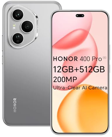 Honor 400 Pro 5G Smartphone, 12GO 512GO, Caméra AI 200MP Ultra-Claire, 6,7 AMOLED Display 120Hz, Snapdragon 8 Gen 3, 5170mAh, IP68 et IP69, Dual-SIM, NFC, Android 15, sans Chargeur, Gris