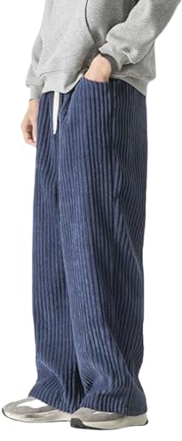 Pantalon rétro en velours côtelé pour homme avec poches à cordon de serrage - Jambe large - Coupe droite - Grande taille - Coupe confortable avec style vintage pour un usage quotidien, bleu marine
