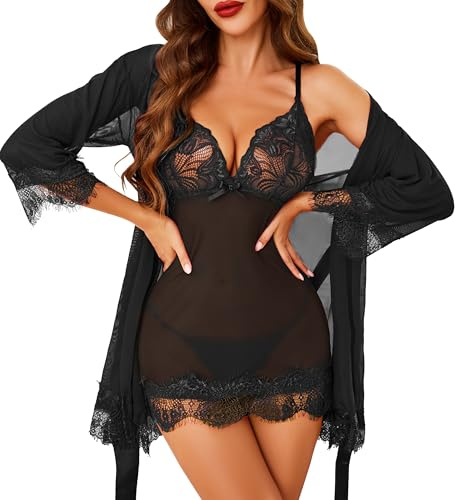 Lovasy Lingerie for Women Sets Mesh Babydoll with Robe Nighties Nightdress,Black,S