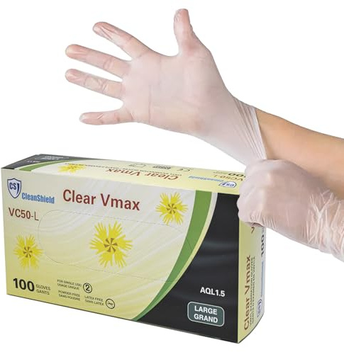 Cleanshield Vmax Disposable Vinyl Gloves, Large, 5 MIL, Clear, 100 Gloves, Food Safe, Cleaning, Kitchen, Daycare Use, Powder-Free, Latex-Free, Non-Sterile, VC50-L