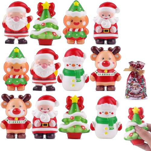 Anboor 12 Stück Weihnachts-Squishy-Stressbälle, langsam aufsteigend, Schneemann, Weihnachtsmann, Weihnachtsbaum, Kawaii-Squishy, Stressabbau-Spielzeug, Geschenktütenfüller (zufällige Ausführungen)