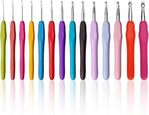 Lot de 14 Crochets en Aluminium, Crochet Ergonomique, Multicolore kit d’outils pour aiguilles à tricoter, 2-10mm Crochets Tricot Outils aux Débutants et Professionnels (14Pcs)