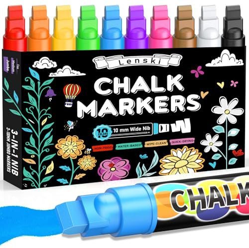 Lenski Liquid Chalk Pens, 10 Colour Liquid Chalk Markers, Easter Gifts for Kids, 10 mm Chalk Pens for Blackboards, Window, Glass, Chalkboards,Reversible Tip, Girls Birthday Presents