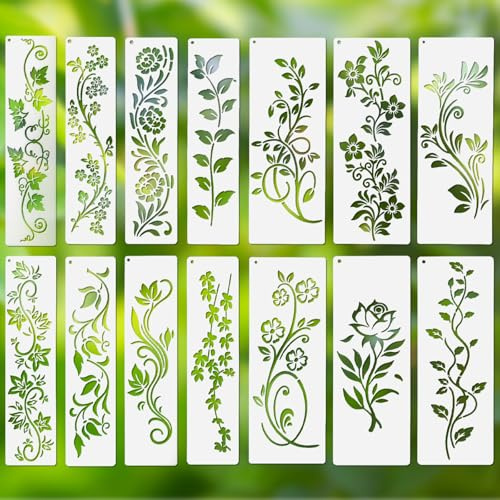 12 stycken blommor vinstock mall,rankblad schabloner målning,PET återanvändbar ritningsschablon,målningsschabloner för DIY, trä, möbler, T-shirt, plast ritningsschabloner med blommor, löv