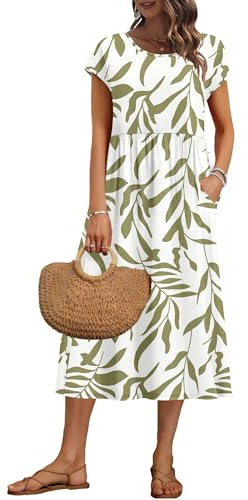 AUSELILY Women's Summer Short Sleeve Midi Dresses A-line Shift Loose Dress with Pockets, Beige Brown Leaf L