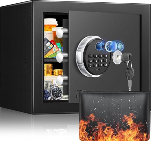 Tiskgg - Caja fuerte con huella dactilar para el hogar con bolsa ignífuga, caja fuerte de 25L con estante extraíble y modo de alarma dual, caja fuerte digital para dinero, medicamentos y documentos