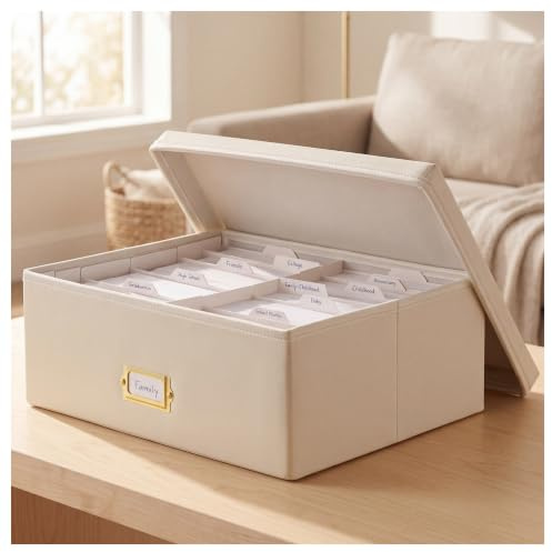 INMAKER Fotobox Aufbewahrungsbox PU Leder, Fotoaufbewahrung 10x15 cm, Weiß