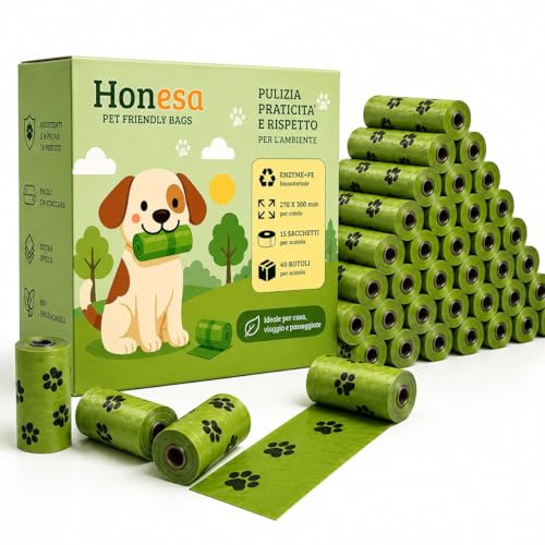 Honesa Sacchetti Cane Cacca Profumati Biodegradabili per Escrementi Cane, 600 Pezzi, 40 Rotoli x 15 Bustine, Extra Resistenti, 30x27 cm, con Portasacchetti Incluso
