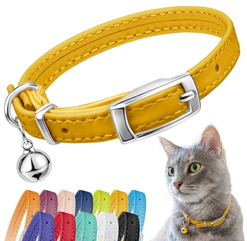 CollarDirect Leather Cat Collar, Cat Safety Collar with Elastic Strap, Kitten Collar for Cat with Bell Black Blue Red Orange Lime Green (Neck Fit 6-7, Yellow)