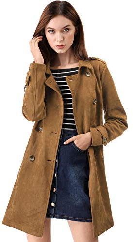 Allegra K Trench-coat à double boutonnage en faux suède avec ceinture manteau pour femmes Marron XS