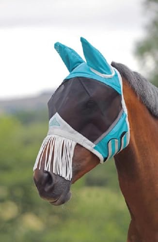 Shires Fine Mesh UV Fly Mask with Ears & Nose Fringe Teal/Pony/Single