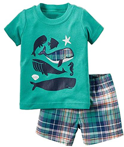 Funnymore Baby Boy Summer Clothes,Short Sleeve T-Shirt and Short Outfit Set Green Fish 2t