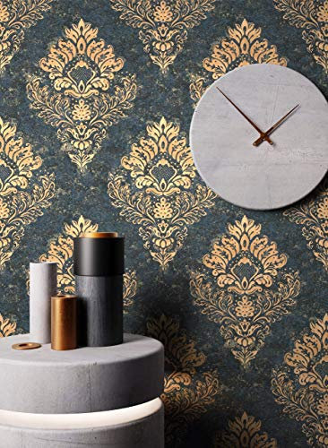 NEWROOM Papier peint Bleu Ornement Intissé - Baroque Noir Or Somptuosité Glamour