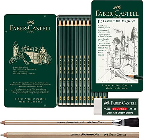Faber-Castell 119064 – blyertspenna CASTELL 9000, 12 st., designset, innehåll: 5B–5H + 2 olika suddstift och PVC-fria suddgummi