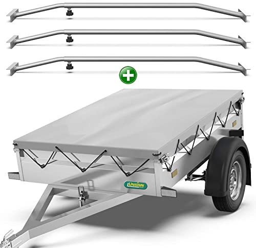 Tarpofix® Anhängerplane 217 x 117 cm + 3x Planenbügel | Anhänger Plane Flachplane aus PVC PLANENMATERIAL | Verstärkte Unsinn Anhänger Plane für 750kg PKW Hänger | Abdeckplane + Flachplanenbügel | Grau