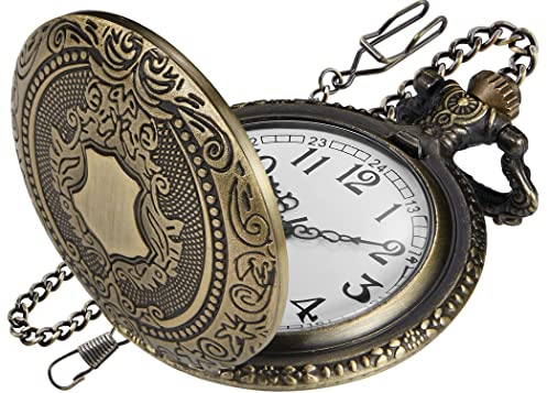 Realpoo Bronze Shield Men's Pocket Watch, Arabic Numeral Digital Scale Quartz Pocket Watch with Chain - Brown