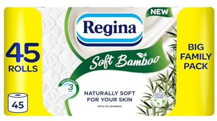 Regina Soft Bamboo - 45 Rolls of Toilet Tissue 3 Ply, 160 Sheets, Naturally Soft for your Skin, Toilet Tissue Made with Bamboo Fibers, Paper Packaging, FSC Certificated