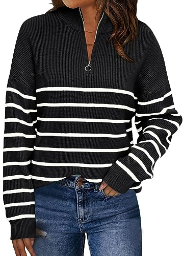 LILLUSORY Suéter de Gran tamaño a Rayas con Cremallera de un Cuarto para Mujer, Cuello Alto Falso, Traje de Moda de otoño, Negro-Blanco, L