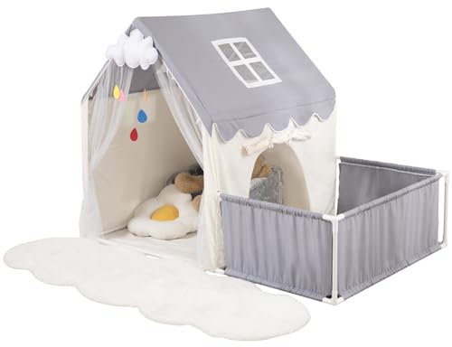LOAOL Large 2-in-1 Kids Playhouse Tent - Toddler Tent with Cloud Ornaments, Indoor Playhouse for Boys, Toddler Fort with Two Windows (Grey)