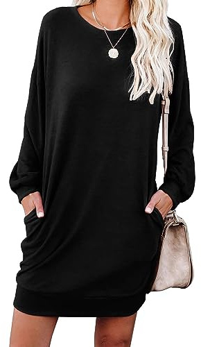 PrinStory Women Jumper Dress Long Sleeve Winter Dresses Casual Loose Mini Dresses Knitted Pullover Sweater Tunic Tops Basic Dress With Side Pockets UK Size 10-12 (Black, M)