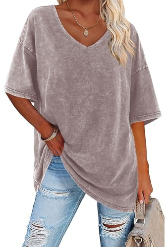 Flowyair Womens Oversized T Shirts Summer Loose Fit Cotton Short Sleeve Basic Tees Casual V Neck Boyfriend Tunic Tops Gray Brown