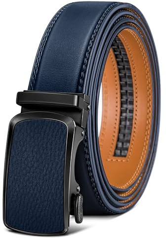 BULLIANT Cinturones Hombre, Cinturón Hombre Cuero Hebilla Trinquete Automática,35MM,Tamaño Ajustable para Pantalones Traje Vestir(Azul Marino,130cm/38-44 Cintura ajuste)